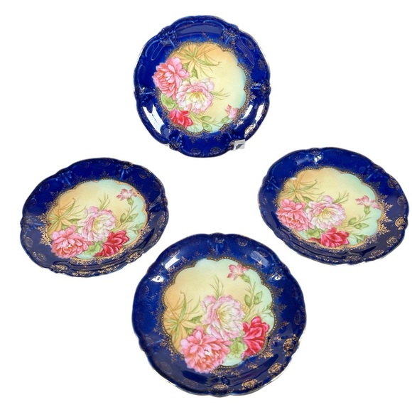 Set of 4 VINTAGE Floral Cobalt  Gold Accented Bavarian Porcelain Salad Plates - Picture 2 of 5